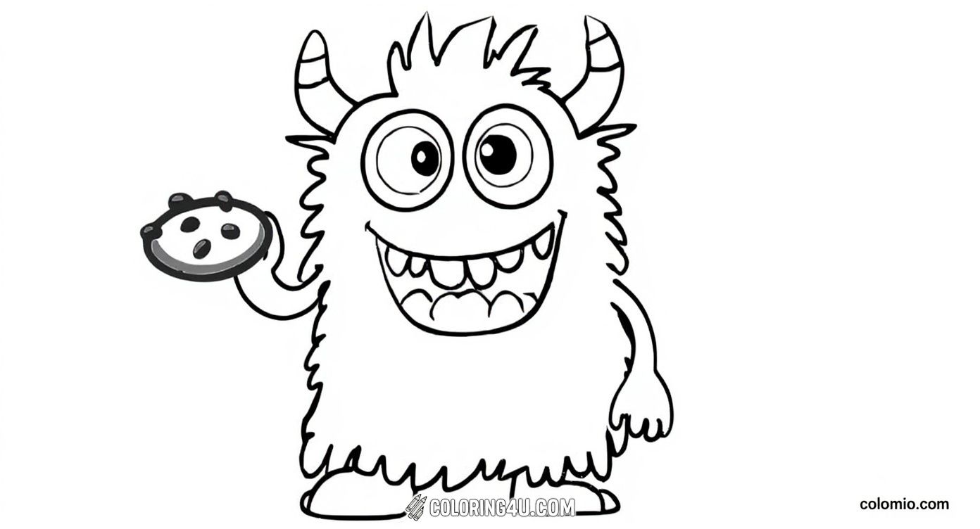 This cheerful furry monster coloring page shows a smiling monster holding a chocolate chip cookie with several more cookies scattered around. With its big eyes and striped horns, this lovable creature is ready to become a colorful friend for kids to enjoy while practicing their coloring skills and fueling their creativity.