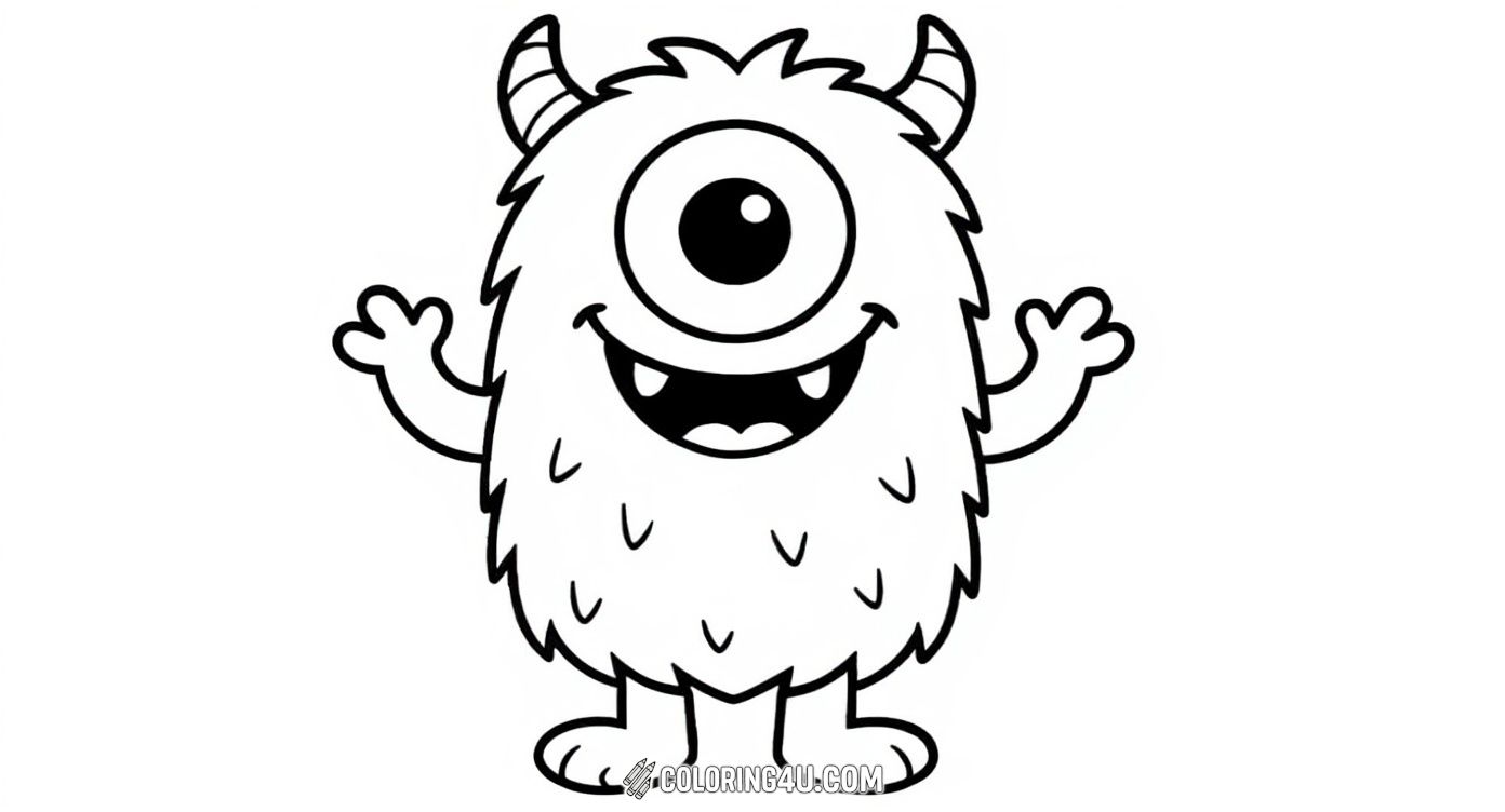 Meet this one-eyed furry monster with tiny horns and a big welcoming smile! This simple and cute coloring page is perfect for kids who enjoy imaginative creatures. Its friendly appearance encourages children to explore different colors and patterns as they bring this cheerful monster to life.