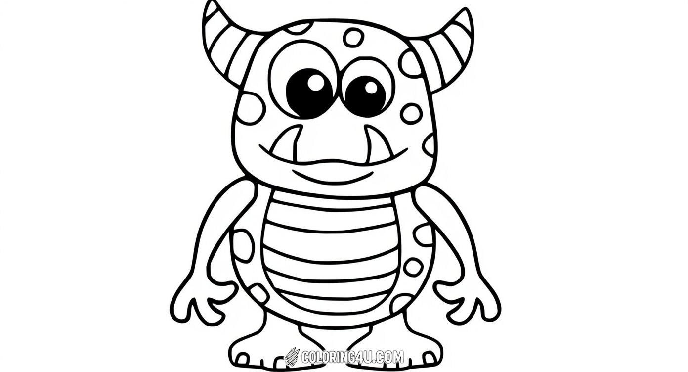 Meet this funny spotted monster with big eyes, striped horns, and a wide smile showing two large teeth. Kids will enjoy coloring its cool patterns and imagining fun stories about this friendly, playful monster.