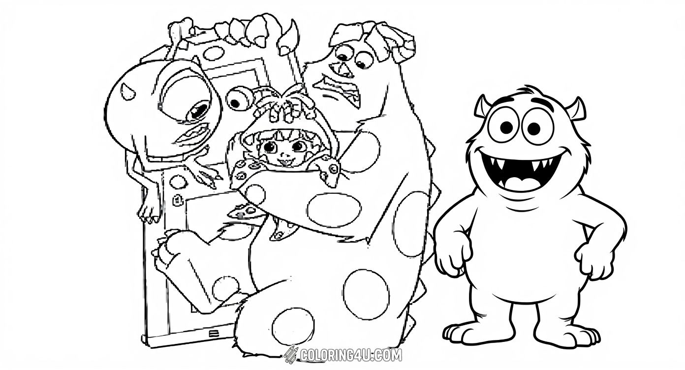 Color a charming moment featuring Mike, Sully, and little Boo from Disney Pixar's Monsters, Inc.! This delightful image captures the caring friendship between the monsters and Boo, perfect for kids to add vibrant colors and bring the magic to life.
