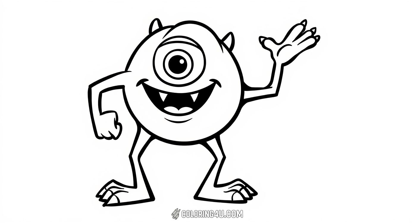 Say hello to Mike Wazowski, the one-eyed green monster from Monsters, Inc.! This cheerful coloring page invites kids to color Mike as he waves happily, spreading joy and fun from the monster world.