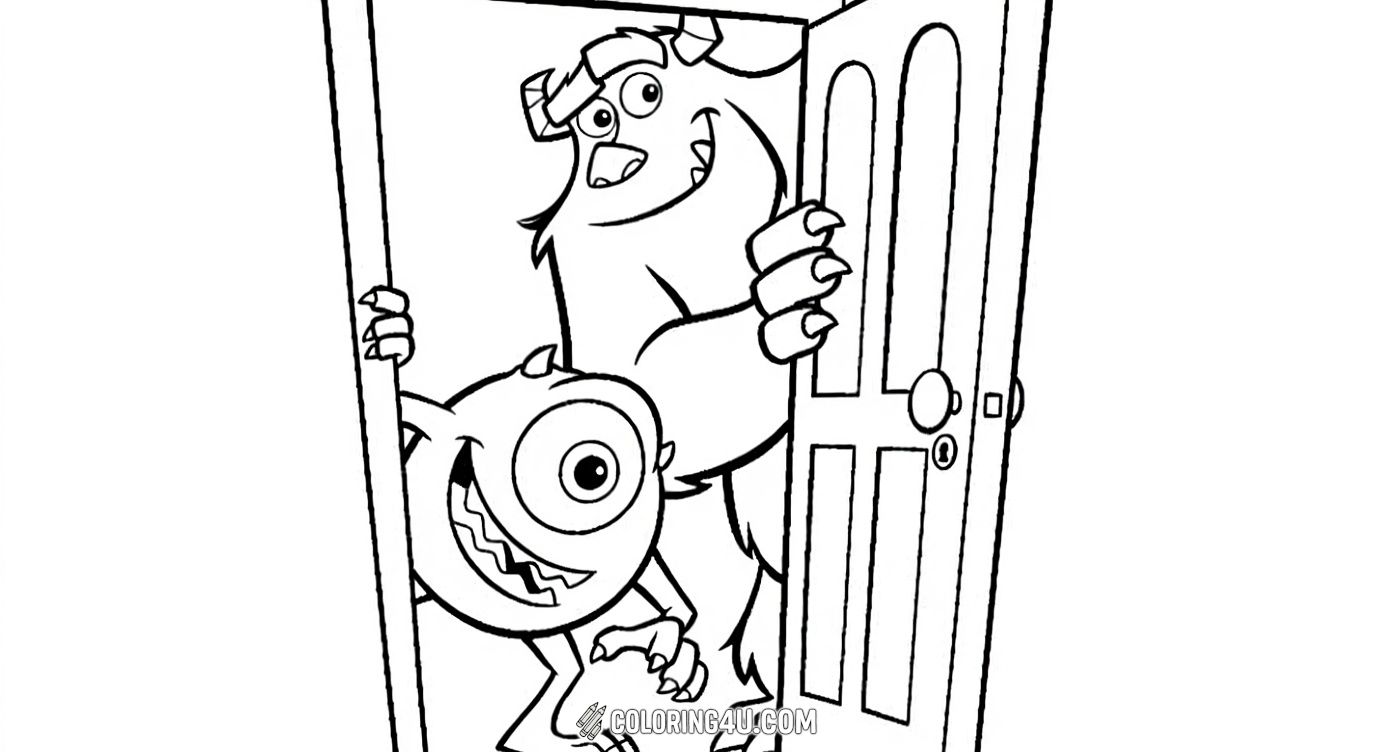 Join Sully and Mike, the friendly monsters from Disney Pixar's Monsters, Inc., as they open a door to a new fun coloring adventure! Kids can bring these lovable characters to life with their favorite colors in this exciting scene.