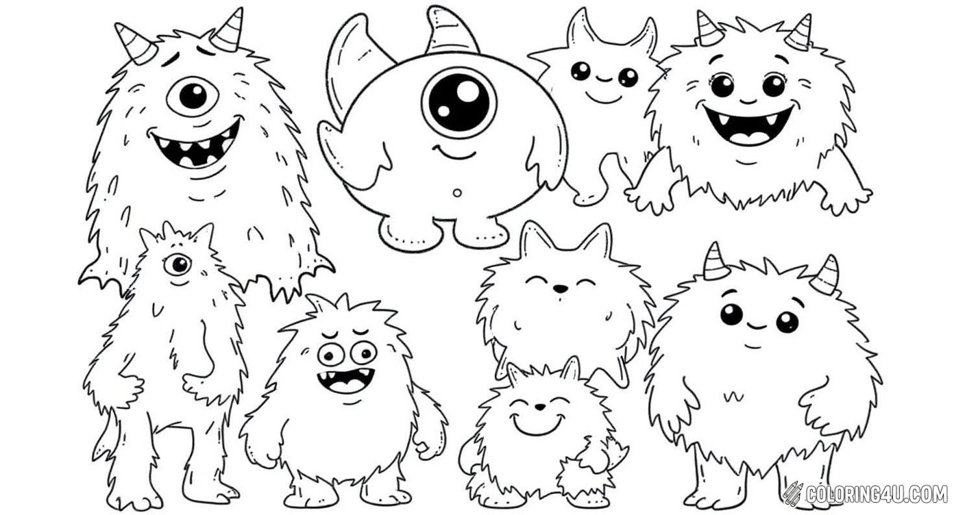 This delightful coloring page features a charming group of silly and sweet little monsters with expressive faces and unique features like horns, big eyes, and fluffy bodies. Kids can enjoy bringing these friendly creatures to life with their favorite colors while spreading a joyful message of being silly and sweet.