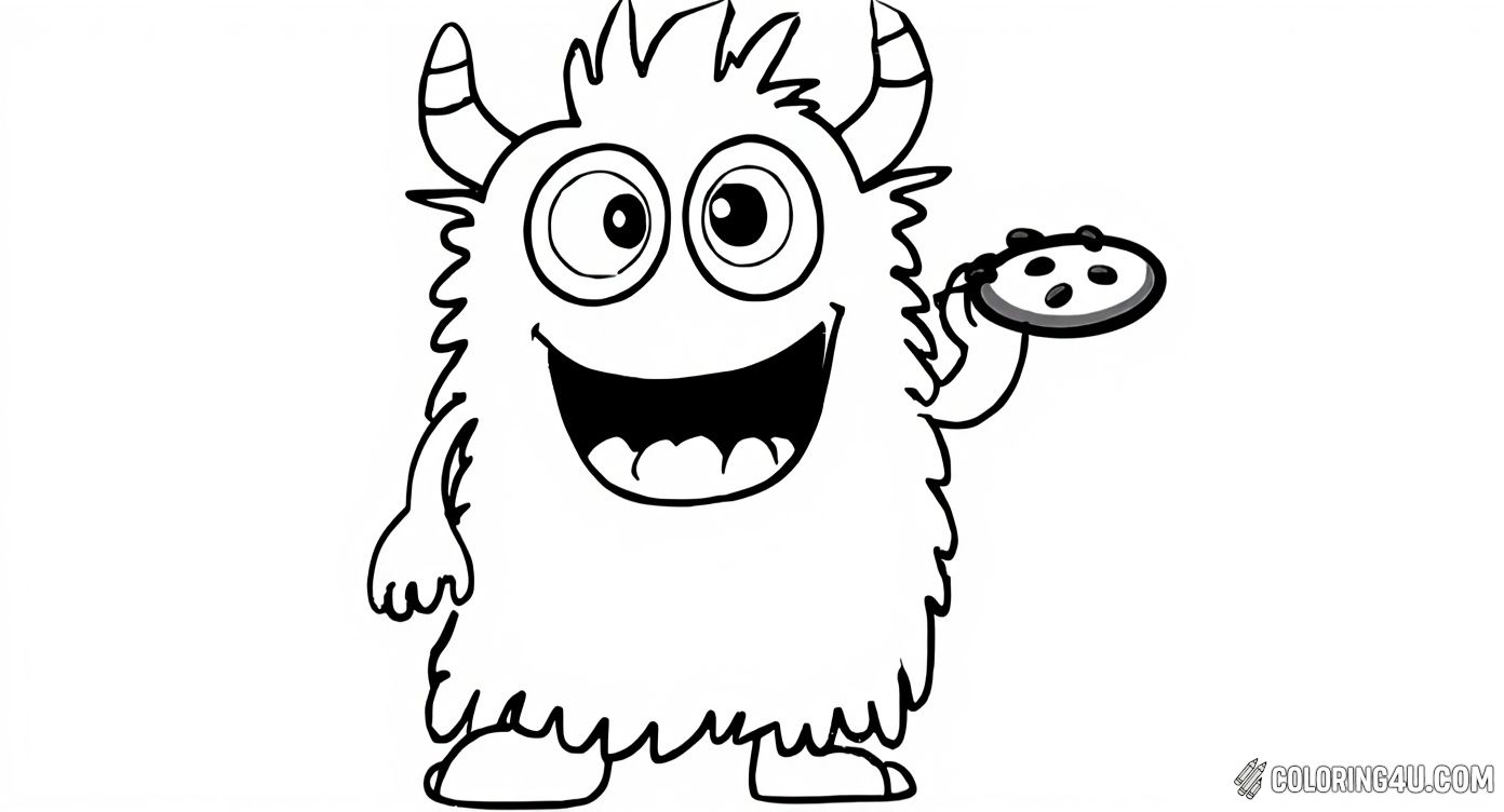 This fun and friendly monster is ready to enjoy some delicious cookies! Covered in fluffy fur with big eyes and horns, this happy monster holds a cookie and has more laid out in front. It's a perfect coloring page for kids who love monsters and tasty treats, inviting creativity with every bite!