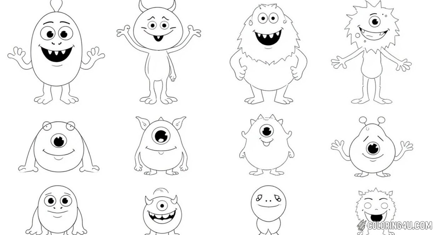 This charming coloring page showcases a collection of adorable monsters, each with their own unique shapes, eyes, and quirky features like antennae and multiple limbs. Perfect for kids who love imaginative creatures, this page invites them to color each monster in a different bright and fun style.
