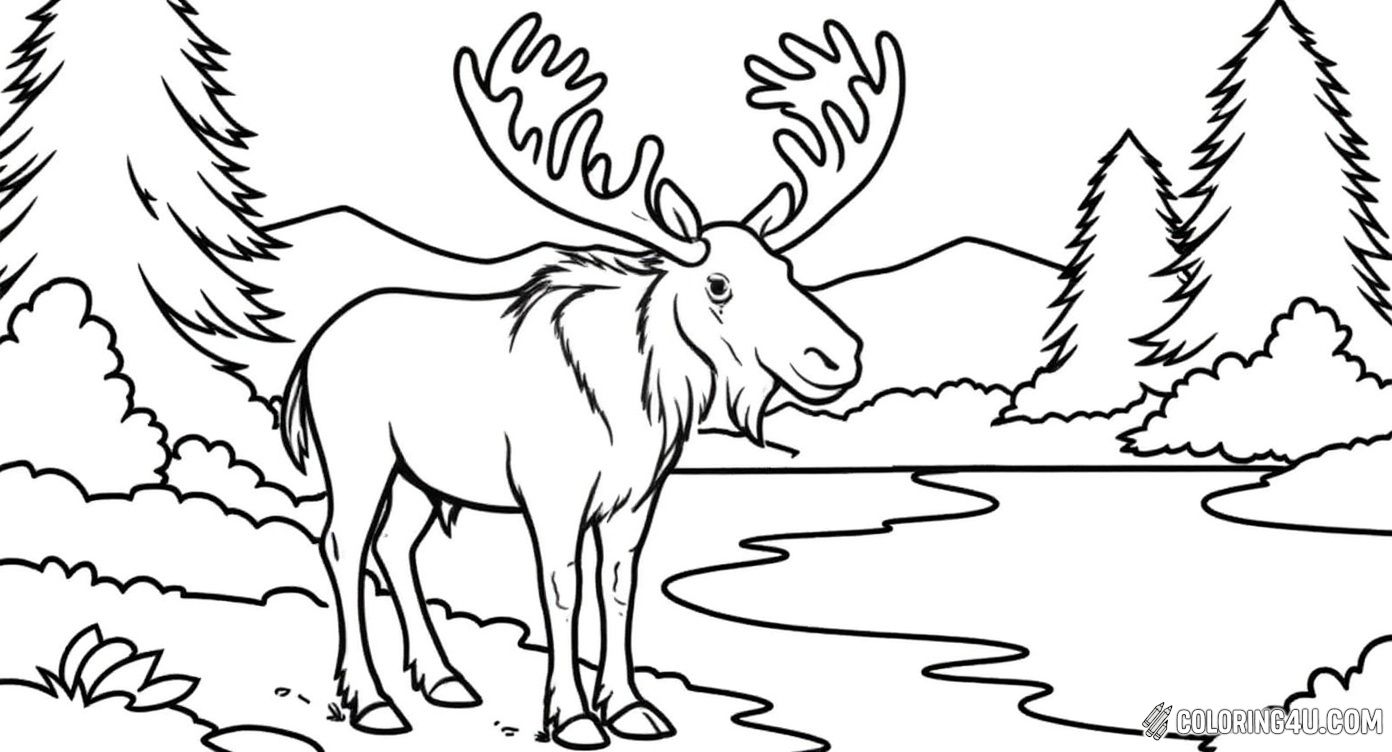 Here's a delightful coloring page showing a friendly moose standing by a calm body of water with trees in the background. The bold lines and cheerful expression of the moose invite kids to use their creativity to color in the fur, antlers, and natural surroundings. It's a fun way to explore wildlife art!