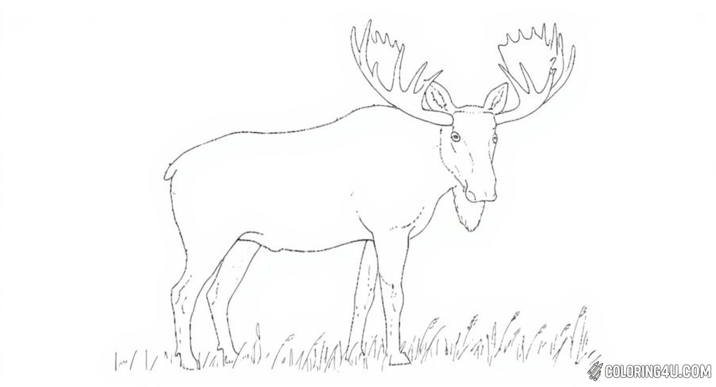 This simple yet beautiful coloring page depicts a moose standing quietly in a grassy field. With clean, clear outlines, kids can enjoy coloring the moose's detailed antlers, ears, and the soft grass beneath its feet. It’s an engaging scene that inspires young artists to explore shades of brown and green.