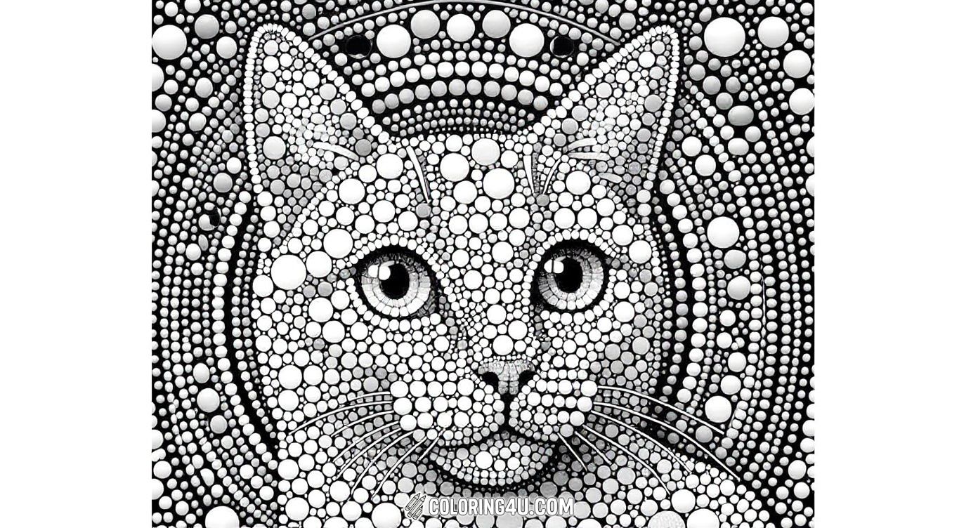 This coloring page features a beautifully detailed mosaic portrait of a cat made of various sized circles. Kids can enjoy bringing this intricate design to life with their favorite colors, creating a stunning piece of art that celebrates the charming face of a feline friend.