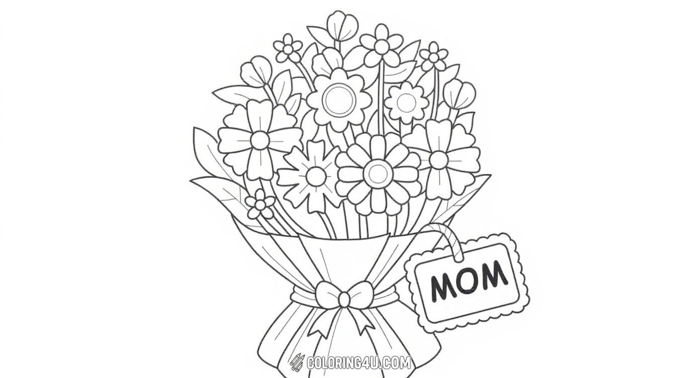 Bouquet Of Flowers With Mom Tag Coloring Page