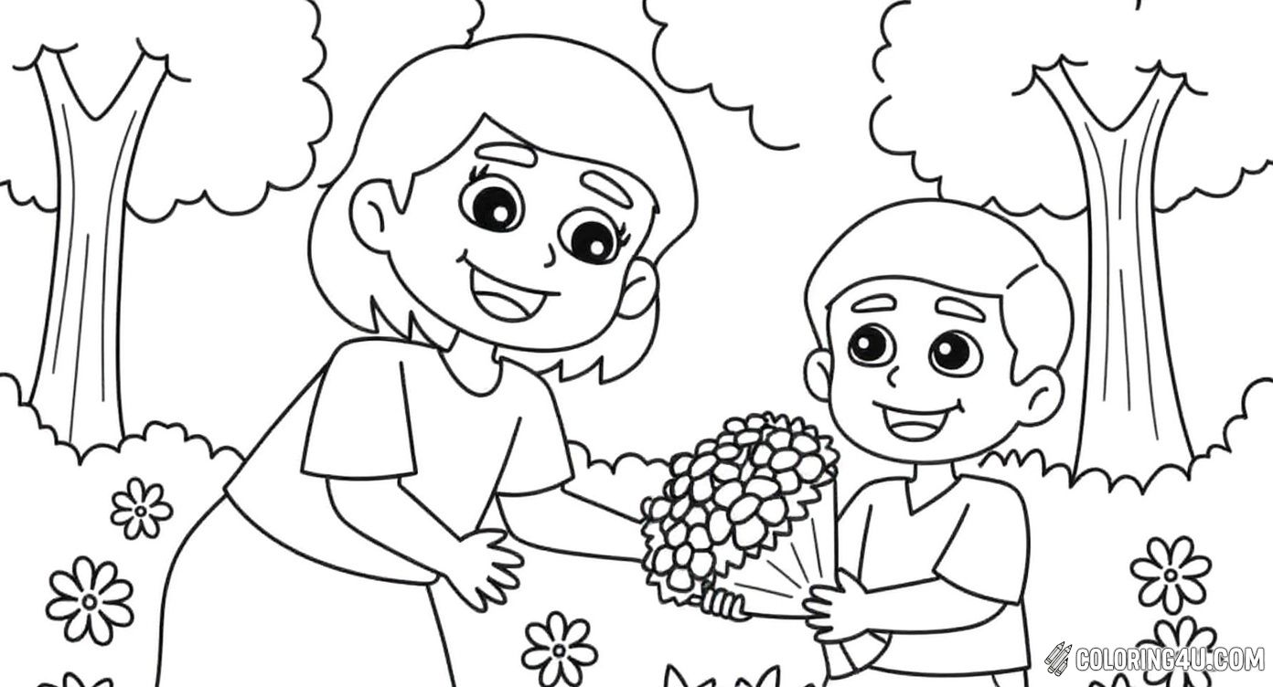 This sweet coloring page captures a touching moment where a young boy gives a bouquet of flowers to his smiling mom in a beautiful garden setting. Kids will love coloring this heartwarming scene that highlights love and appreciation on Mother's Day.