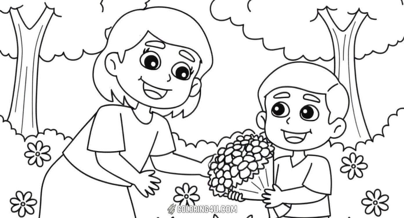 Celebrate Mother's Day with this heartwarming coloring page showing a joyful boy giving a big bouquet of flowers to his smiling mom in a beautiful park setting. The top of the page features the warm message 'Happy Mother's Day,' making it perfect for kids to color and share their love.