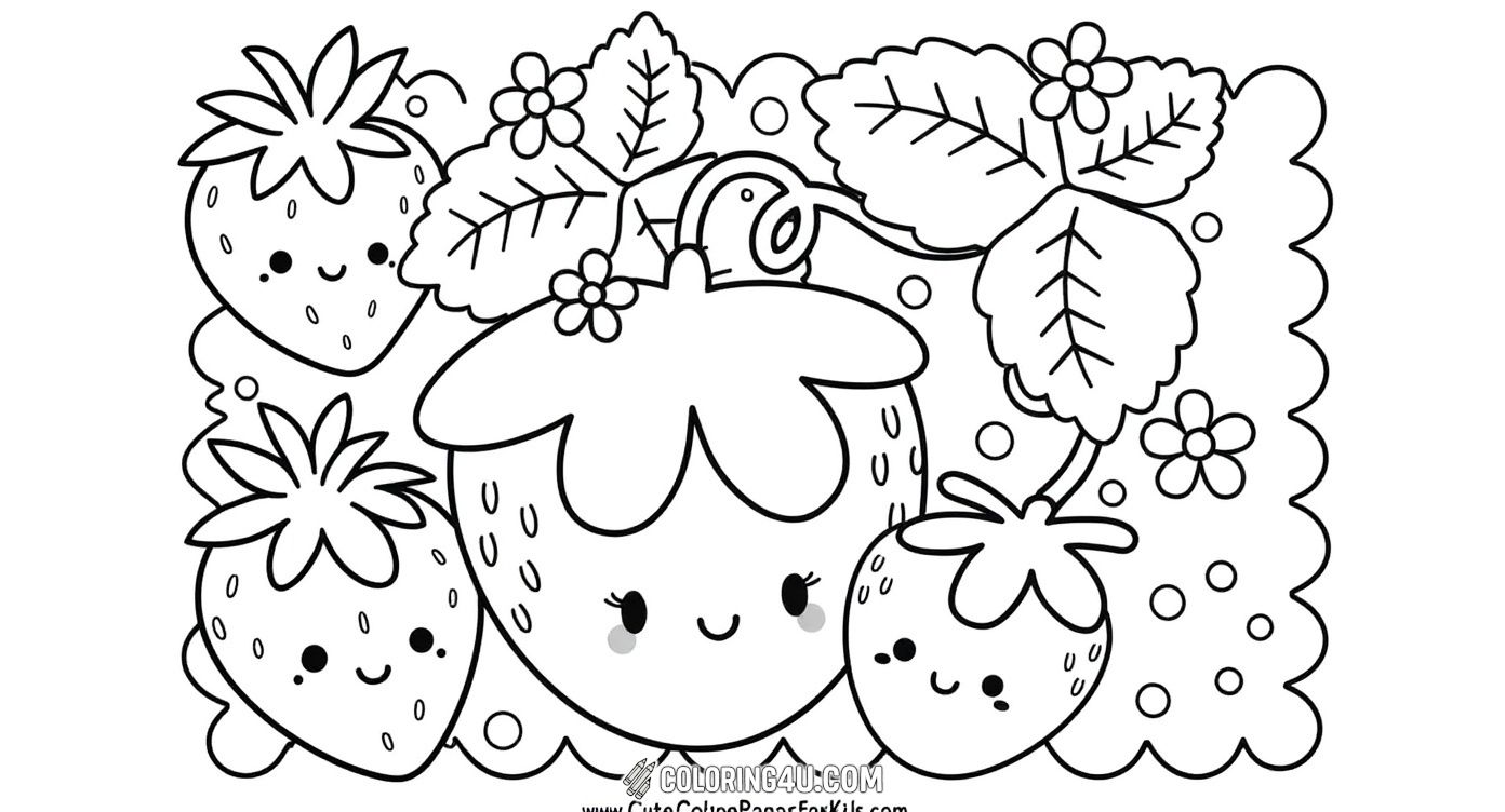 This adorable coloring page features two happy strawberries with cute smiling faces surrounded by flowers and leaves. Below, the cheerful 'Happy Mother's Day' message invites kids to add their own colors and celebrate this special day with sweetness and joy.