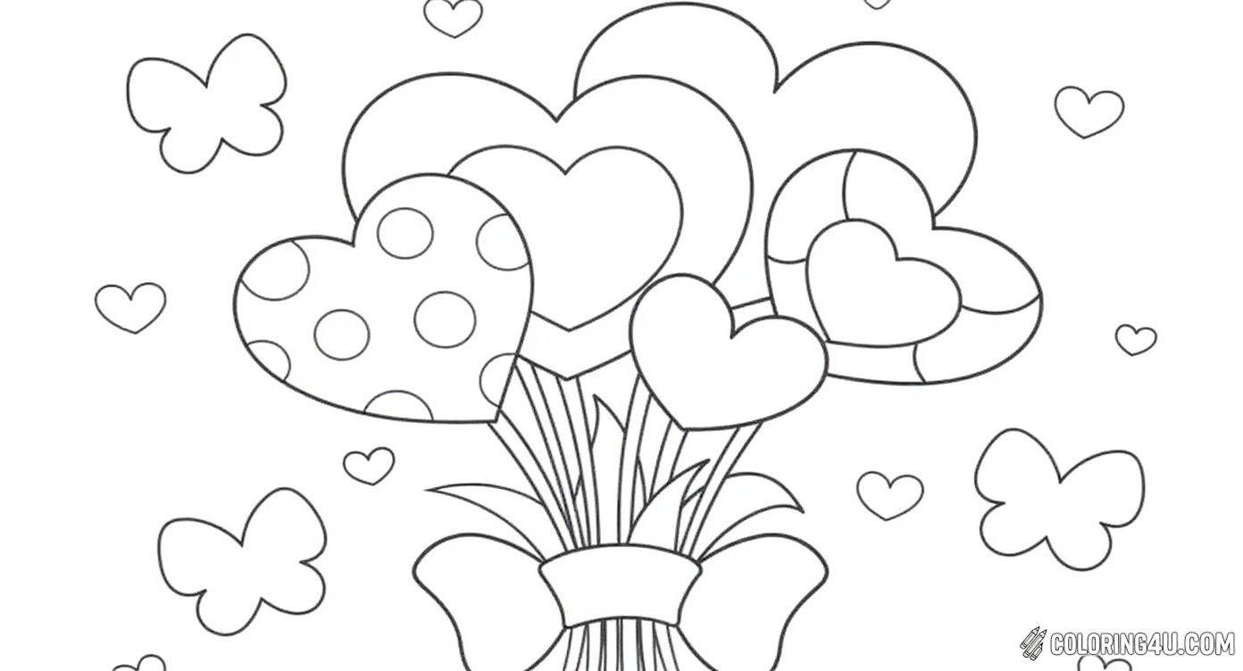 Celebrate Mother's Day with this charming coloring page showing a bunch of heart-shaped balloons tied together with a big bow. Butterflies and small hearts flutter around, making it a delightful and fun activity for kids to express their love for Mom.