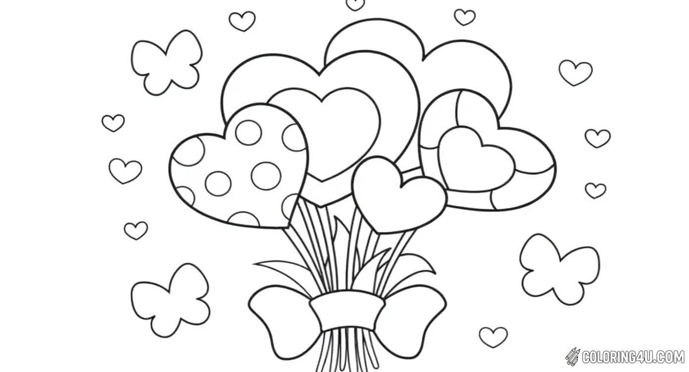 This delightful coloring page features a beautiful bouquet of heart-shaped balloons tied together with a big bow, surrounded by fluttering butterflies and tiny hearts. Kids will enjoy adding vibrant colors to this happy Mother's Day celebration image.
