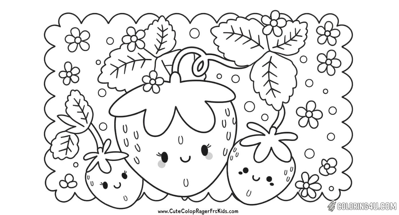 This adorable coloring page features two cheerful strawberries with happy faces surrounded by flowers and leaves. Kids can enjoy coloring these cute characters while celebrating Mother's Day with a sweet and playful twist.
