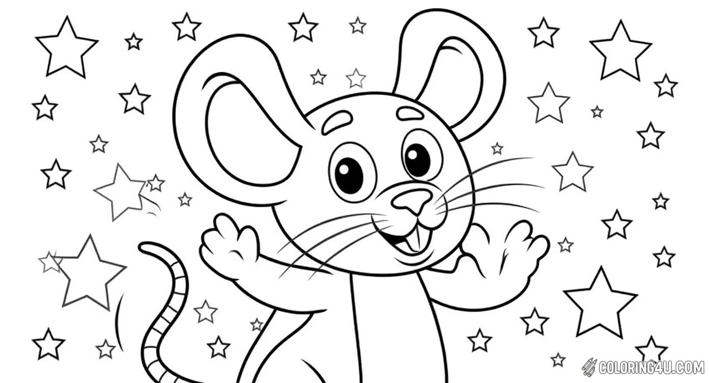 This delightful coloring page features a cheerful cartoon mouse happily waving hello with a backdrop filled with twinkling stars. Kids will love bringing this lively character to life with their favorite colors and imagining the magic of a starry night.