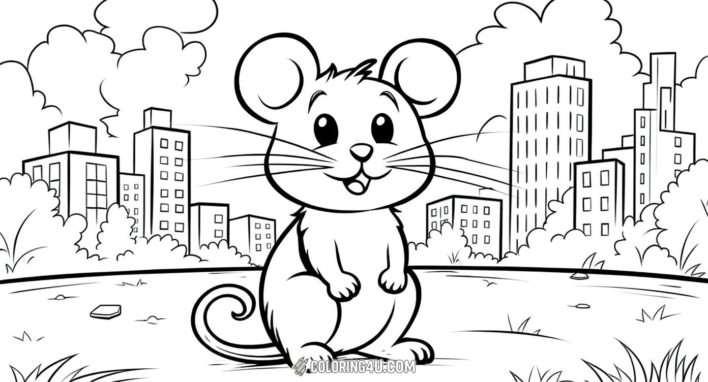 This delightful coloring page shows a happy city mouse sitting in front of a bustling city skyline, accompanied by a large letter 'M'. Children can enjoy coloring both the mouse and the exciting urban scene behind it.