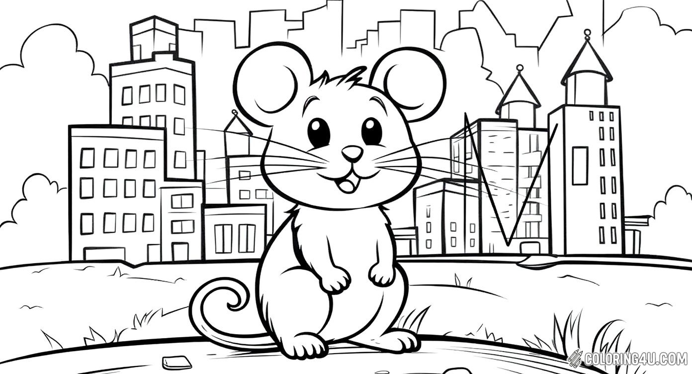 This fun coloring page shows a friendly city mouse sitting against a detailed backdrop of city buildings, accompanied by a large letter M. Kids can enjoy coloring both the lively mouse and the bustling cityscape, making learning letters a creative adventure.