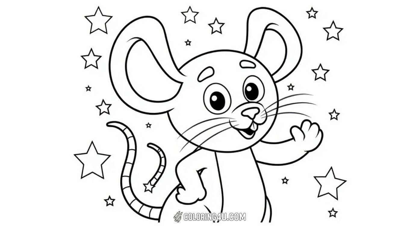 This coloring page features a charming cartoon mouse happily waving with a background filled with sparkling stars. Kids will love bringing this friendly mouse and its magical starry night to life with vibrant colors.