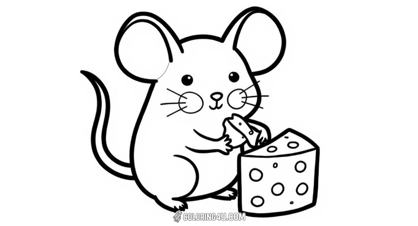 Here is a sweet and simple mouse holding a piece of cheese, perfect for younger kids to color. The bold lines and minimal details make it easy and fun to add bright colors to this adorable little mouse.