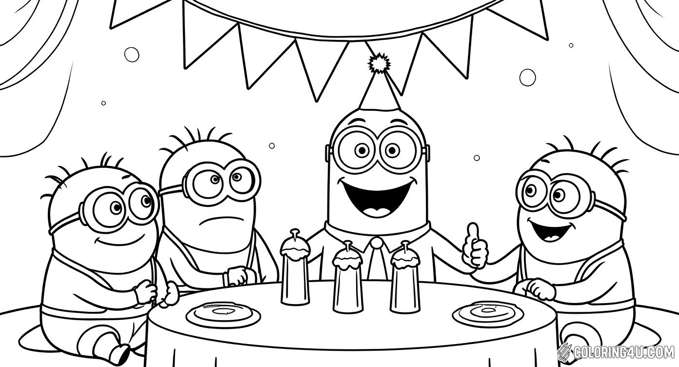 Join the goofy Minions as they celebrate with fun and excitement in this delightful coloring page! Kids can give color to these lovable, mischievous creatures from the Despicable Me movies, creating their own lively party scene full of joy and laughter.