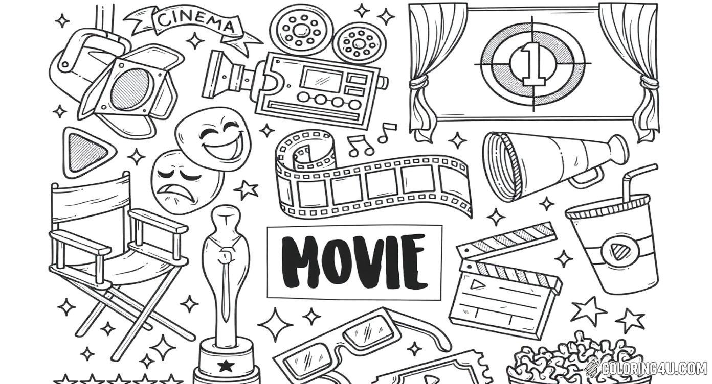 Explore all things movies with this fun and detailed coloring page filled with cinema-themed elements! From film reels and popcorn to director's chairs and movie tickets, kids can enjoy coloring this fantastic collection that celebrates the magic of the movies.