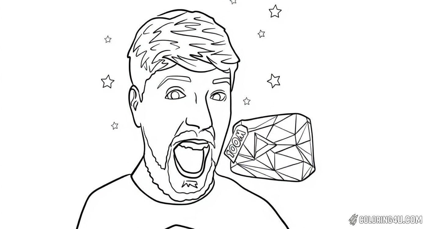 Celebrate Mr Beast's incredible milestone with this fun coloring page! It shows Mr Beast himself cheering with excitement alongside a shiny 100 million subscriber award, set among sparkling stars. A great way for kids to add their favorite colors to this joyful moment.