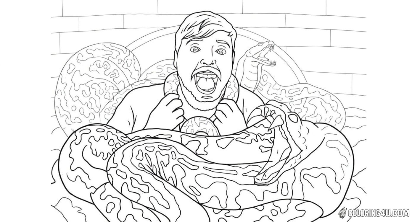 Dive into an adventurous coloring experience with Mr Beast facing a giant snake challenge! This page shows Mr Beast with a surprised expression, wrapped by a large snake in an exciting and daring scene perfect for kids who enjoy thrilling and imaginative coloring fun.
