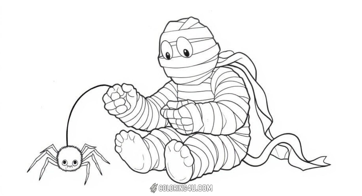 Here is a fun and playful mummy character wrapped in neat bandages, playing with a smiling spider on a string, while a friendly bat flies nearby. Kids will enjoy coloring this happy Halloween-themed scene!