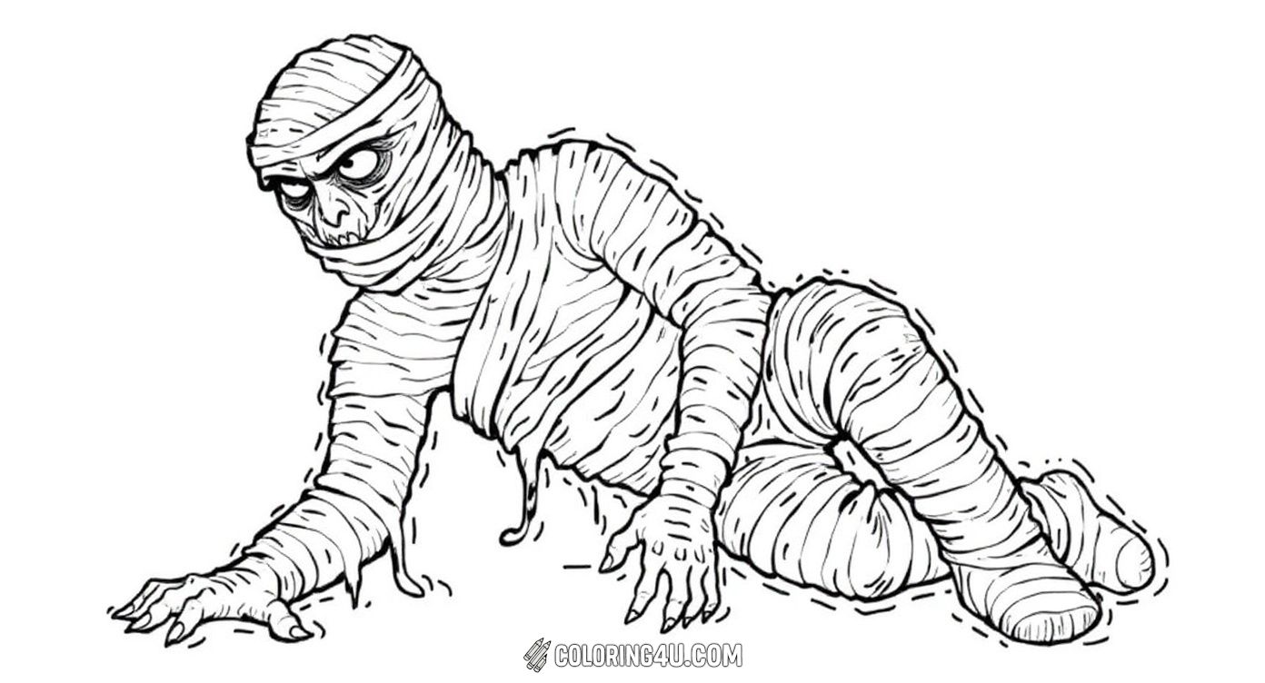 This coloring page shows a detailed and scary mummy monster wrapped in tattered bandages, ready to scare and entertain kids. The dynamic pose makes it thrilling to bring this ancient creature to life with colors!