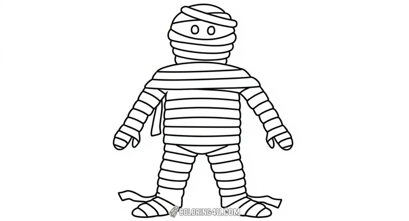 This coloring page features a simple and friendly mummy wrapped evenly in bandages, standing tall and inviting kids to add their favorite colors. Perfect for younger children to enjoy a less spooky Halloween character.