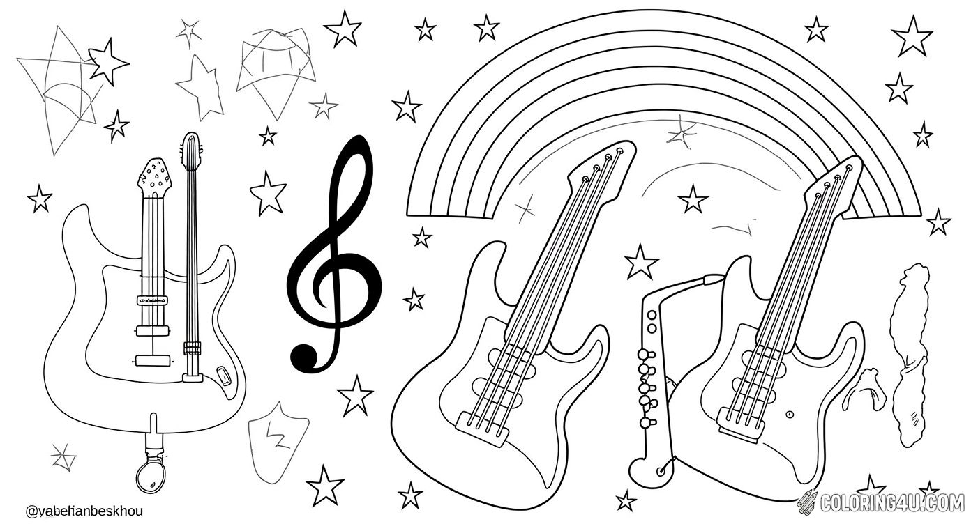 Coloring Page Music Instruments Stars Rainbow