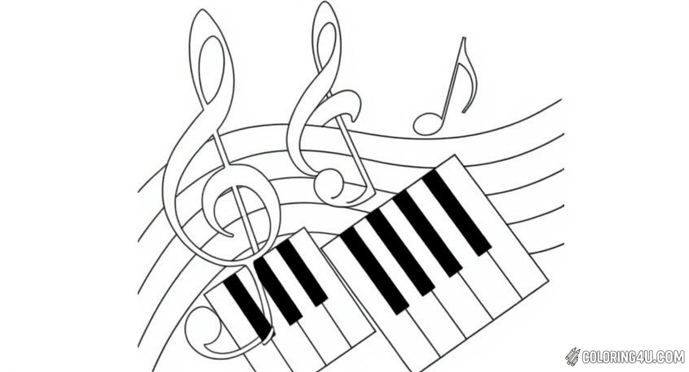 This charming coloring page showcases a large treble clef, a section of piano keys, and several musical notes flowing along wavy ribbons. It's a perfect scene for kids to explore music-themed coloring while adding brightness and joy to the fluttering ribbons and lively notes.