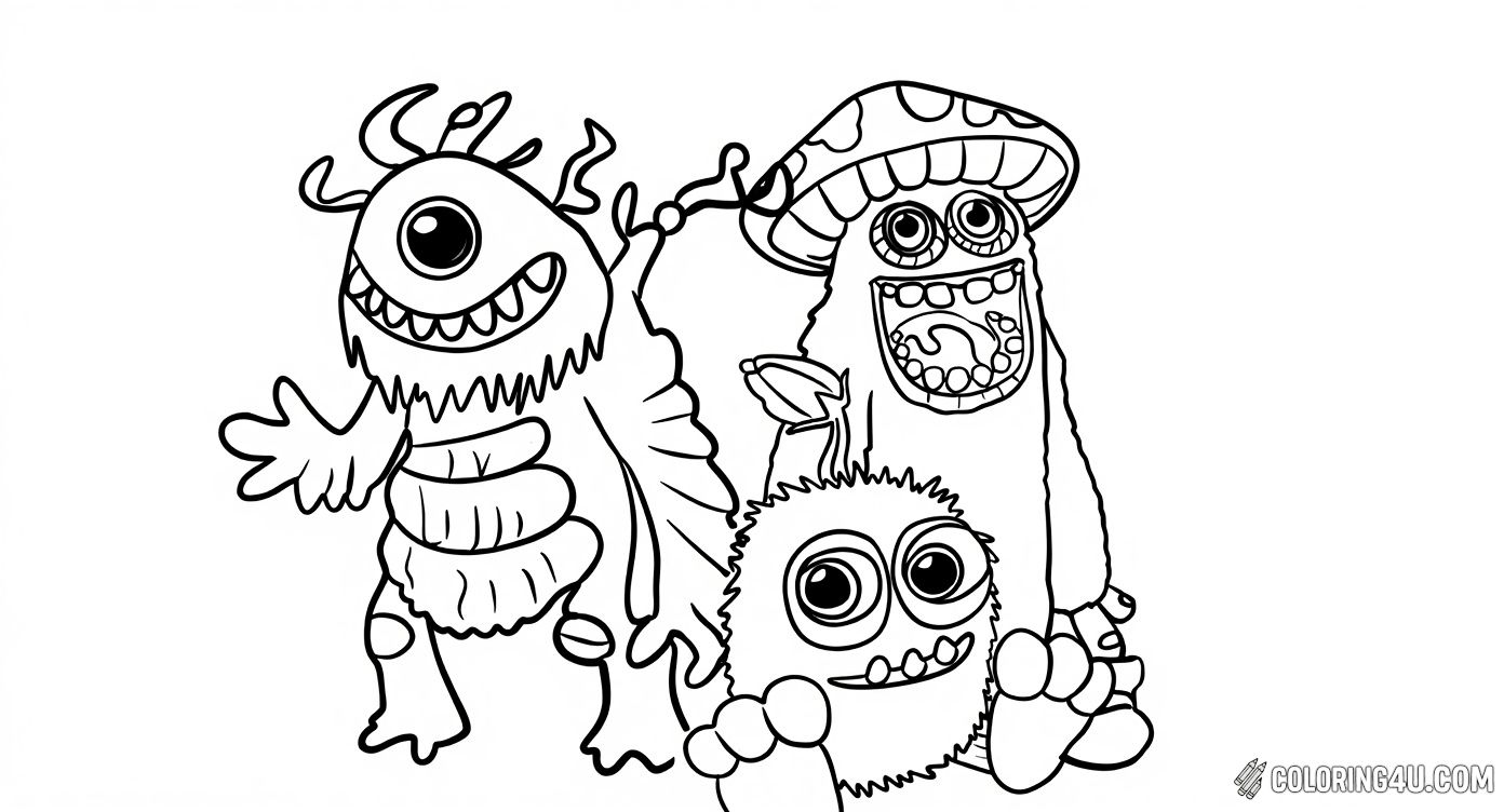 Join these three adorable My Singing Monsters characters for a fun coloring adventure! With big eyes, friendly smiles, and unique features like a mushroom cap and fuzzy fur, these monsters are ready for kids to bring them to life with bright colors and creative imagination.