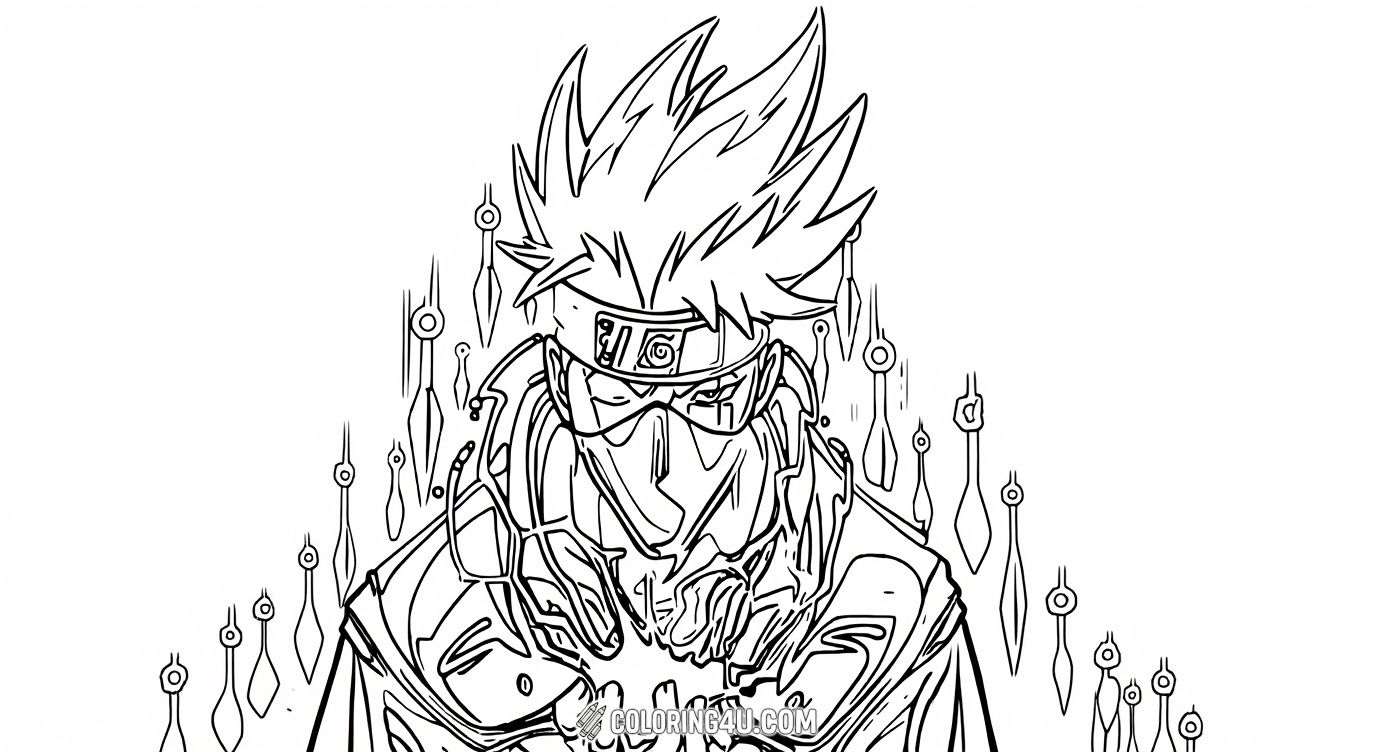 Get ready to color Kakashi Hatake, the master of the Sharingan and an elite ninja from Naruto! This action-packed coloring page shows Kakashi in a powerful pose, surrounded by sharp ninja tools, perfect for kids who love exciting ninja adventures.