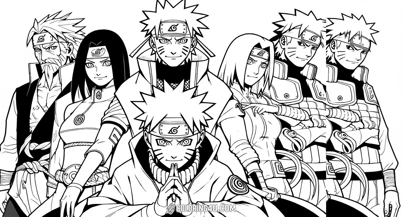 Join Naruto and his amazing friends in this awesome group pose! This coloring page features Naruto alongside other beloved characters from the Naruto anime series, inviting kids to bring their favorite ninjas to life with vibrant colors.