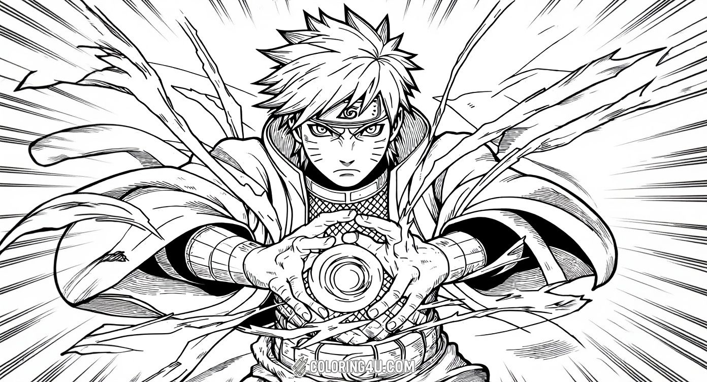 This thrilling Naruto coloring page highlights the young ninja performing his famous Rasengan technique, with swirling energy and intense focus. Kids can enjoy coloring the detailed lines and powerful energy burst, capturing the magic of this iconic move from the Naruto series.