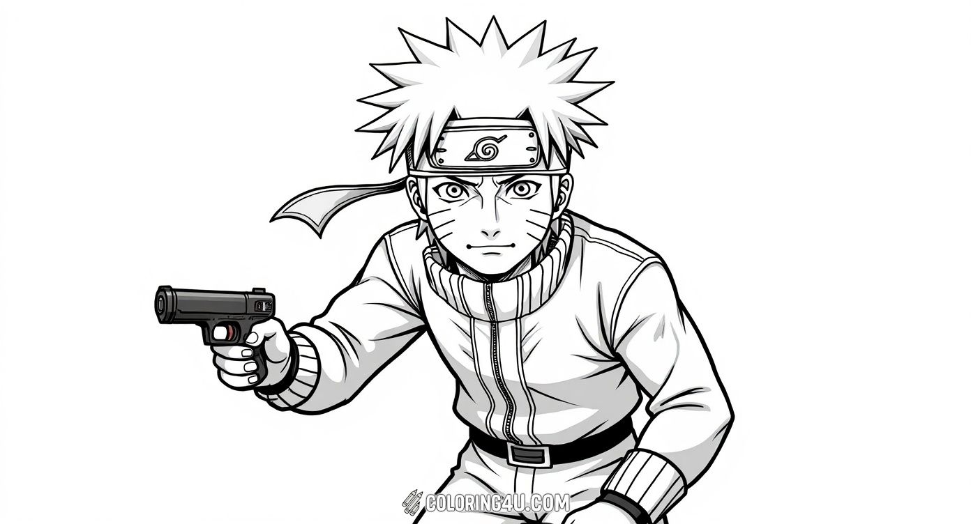 Color a bold portrait of Naruto Uzumaki, the energetic ninja ready for action! This detailed coloring page captures Naruto's determined expression and signature spiky hair, making it a fun challenge for kids who enjoy bringing heroes to life.