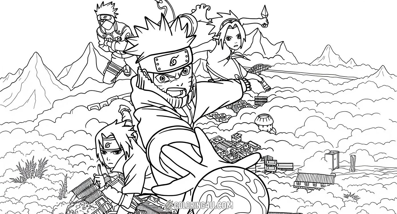 Get ready to color an action-packed moment with Naruto, Sasuke, Sakura, and Kakashi from Team 7! This dynamic scene shows them in battle poses above their ninja village, inviting kids to bring the energy and excitement of Naruto's world to life with their favorite colors.