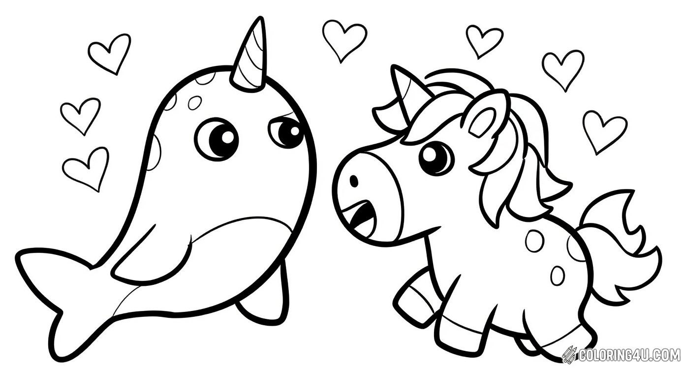 Narwhal And Unicorn Love Hearts Coloring