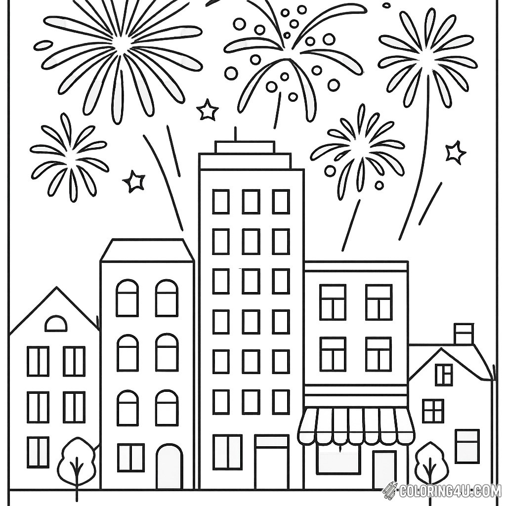 Fireworks Over Cityscape New Year