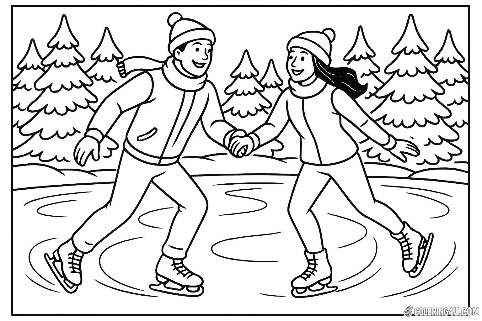 A cheerful couple glides hand in hand on a sparkling ice rink, surrounded by tall, snow-covered pine trees. They wear cozy winter outfits, complete with hats and scarves, radiating joy as they skate together. This delightful scene captures the magic of winter fun, perfect for coloring in vibrant shades and bringing their joyful adventure to life.