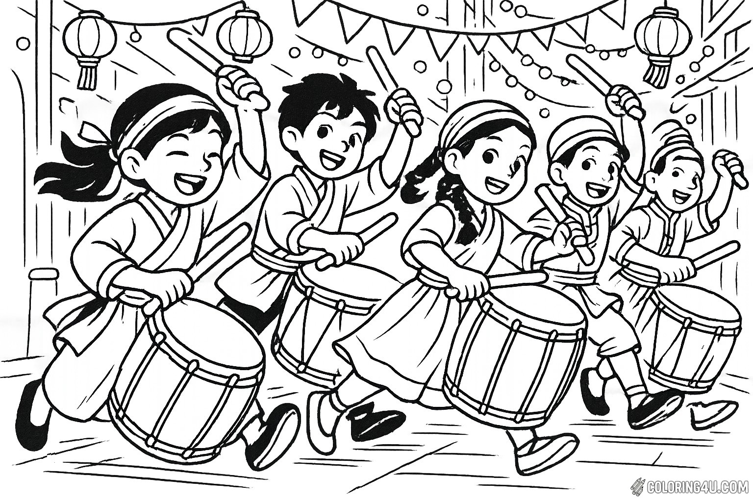 Join a lively celebration as a group of cheerful children performs a traditional drum dance. Dressed in colorful outfits, they joyfully beat their drums, surrounded by festive lanterns and decorations. The scene captures the excitement of a New Year celebration, inviting kids to fill the page with vibrant colors and bring the joyful energy to life.