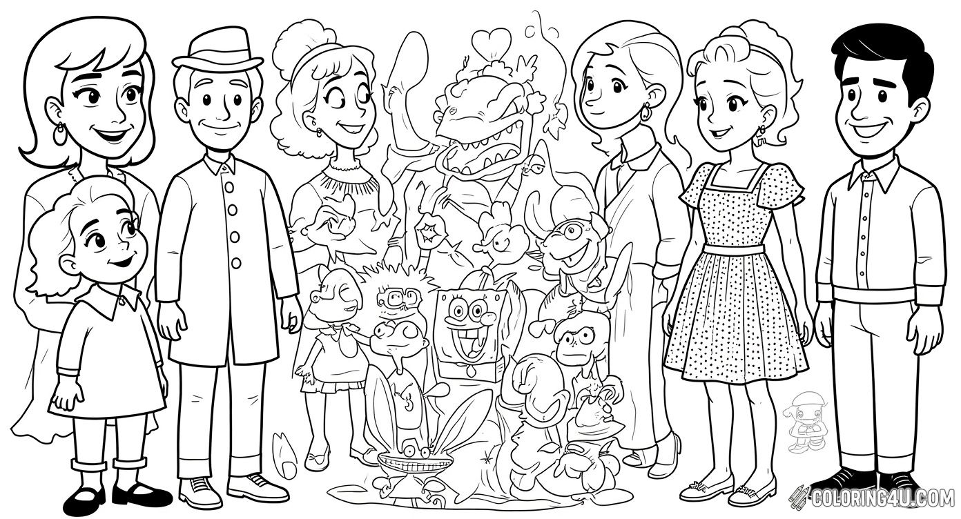 Dive into a fun-filled coloring adventure with all your favorite classic Nickelodeon cartoon characters! From SpongeBob SquarePants to the Rugrats and many more, this lively collage brings together a colorful cast of playful friends, perfect for young artists to bring to life with their imagination.