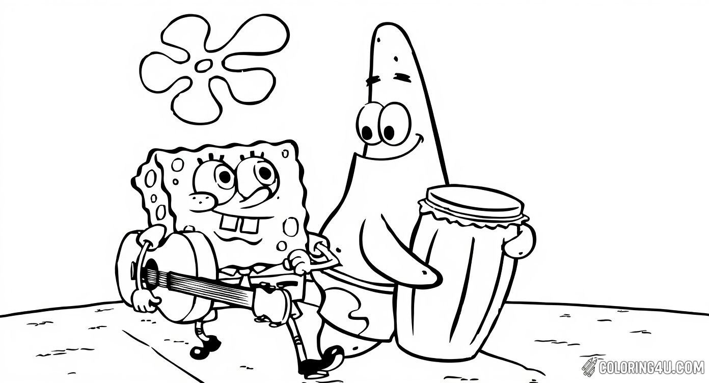 Get ready for a musical underwater journey with SpongeBob SquarePants and his best friend Patrick Star! Watch them play cheerful tunes on their guitar and drum, bringing rhythm and fun to Bikini Bottom. This delightful coloring page is perfect for kids who love music and laughter.