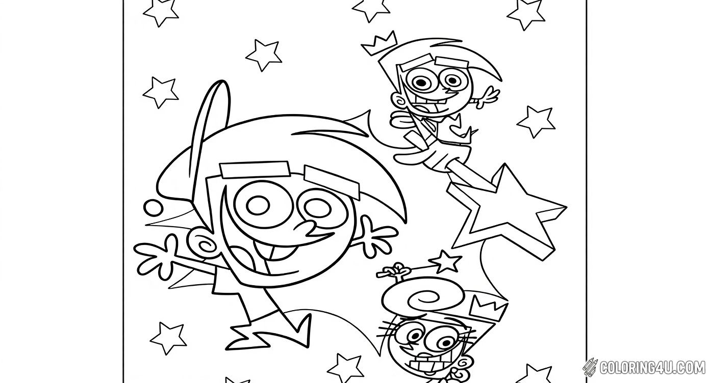 Join Timmy Turner and his magical fairy godparents, Cosmo and Wanda, on a sparkling starry night! This engaging coloring page invites kids to bring the magical wishes and adventures of The Fairly OddParents to life with vibrant colors and creative designs.