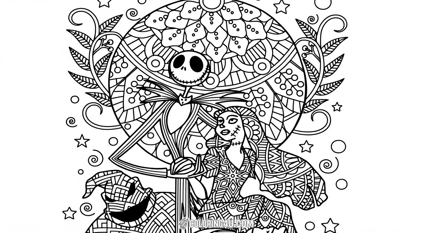 Dive into an intricate and beautifully detailed coloring page featuring Jack Skellington and Sally from The Nightmare Before Christmas. Perfect for older kids and adults, this page offers a creative challenge with complex patterns and charming characters ready to be brought to life with color.