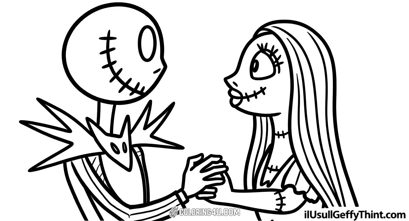 Join Jack Skellington and Sally from The Nightmare Before Christmas as they hold hands and share a sweet moment. This fun and simple coloring page invites kids to add their favorite colors to these beloved characters from the spooky Halloween Town!