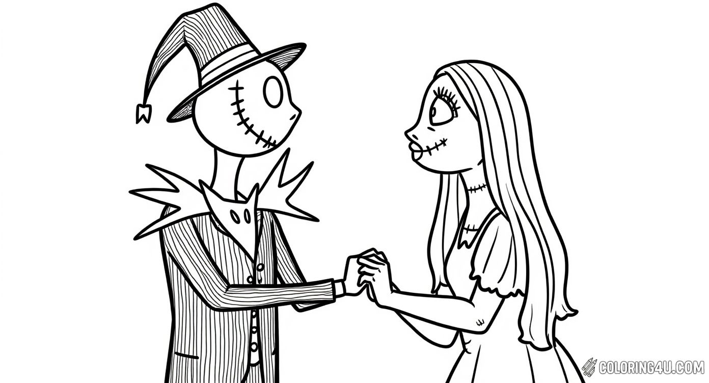 Join Jack Skellington and Sally from Nightmare Before Christmas in this sweet coloring page where they are holding hands and looking at each other with friendship and love. Kids will love coloring their striped suits and stitched details!