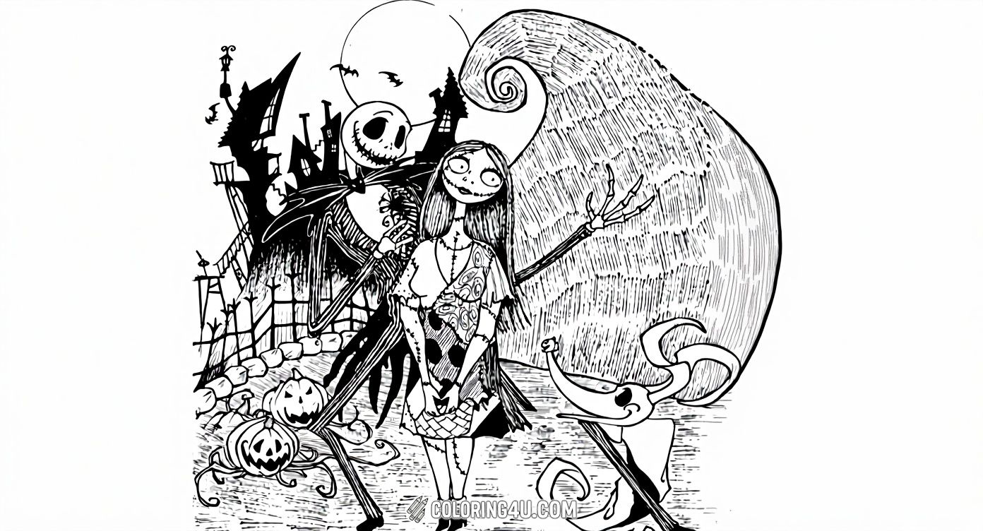 This enchanting coloring page features Jack Skellington and Sally from the beloved movie Nightmare Before Christmas, standing together with their loyal ghost dog Zero. Surrounding them are spooky pumpkins and whimsical houses under a full moon, inviting kids to bring this magical Halloween scene to life with vibrant colors.